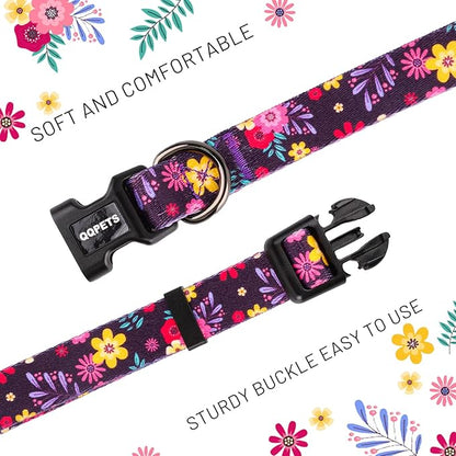 QQPETS Adjustable Soft Dog Collar: Print Flower Pink Multicolor Cute Patterns for XS Small Medium Large Pet Girl Boy Puppy Walking Running Training (L, Elegant Purple)