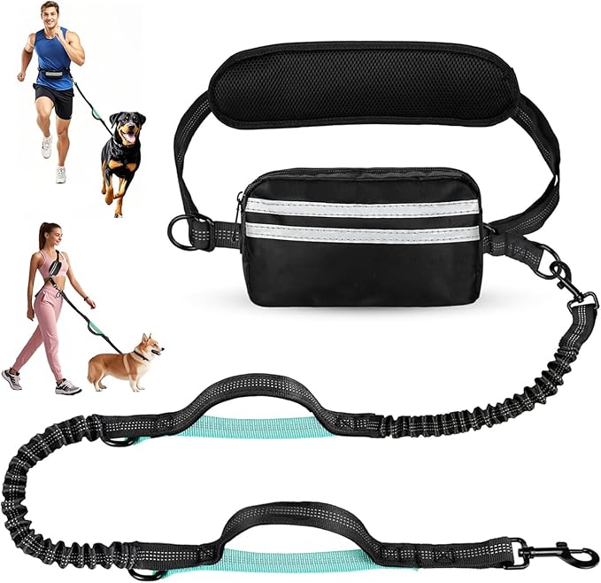 Hands Free Dog Leash with Pouch, Crossbody & Waist Leash for Dog Walking, No Pull Heavy Duty Bungee, Padded Handles & Reflective for Large Medium Dogs, Black Blue