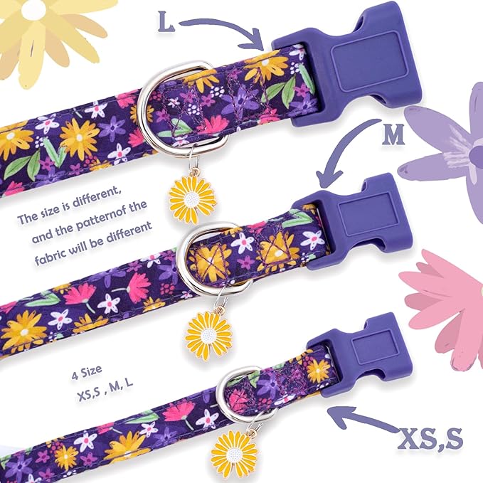 Faygarsle Cotton Dog Collar Cute Dog Collars for Small Medium Large Dogs Purple Yellow Floral Colored Options Soft and Fancy Pet Collars for Girls Flower Pattern for Girl Dog Collar XS