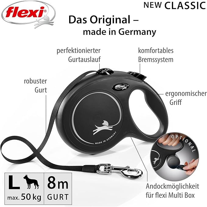 FLEXI New Classic Tape Retractable Dog Leash for Large Dogs Upto 110 lbs. – 26 ft., Black | Tangle Free Pet Walking Leash with One-Handed Brake, Pause, Lock|German Quality Product