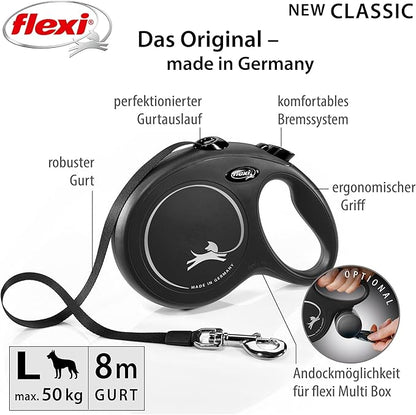 FLEXI New Classic Tape Retractable Dog Leash for Large Dogs Upto 110 lbs. – 26 ft., Black | Tangle Free Pet Walking Leash with One-Handed Brake, Pause, Lock|German Quality Product