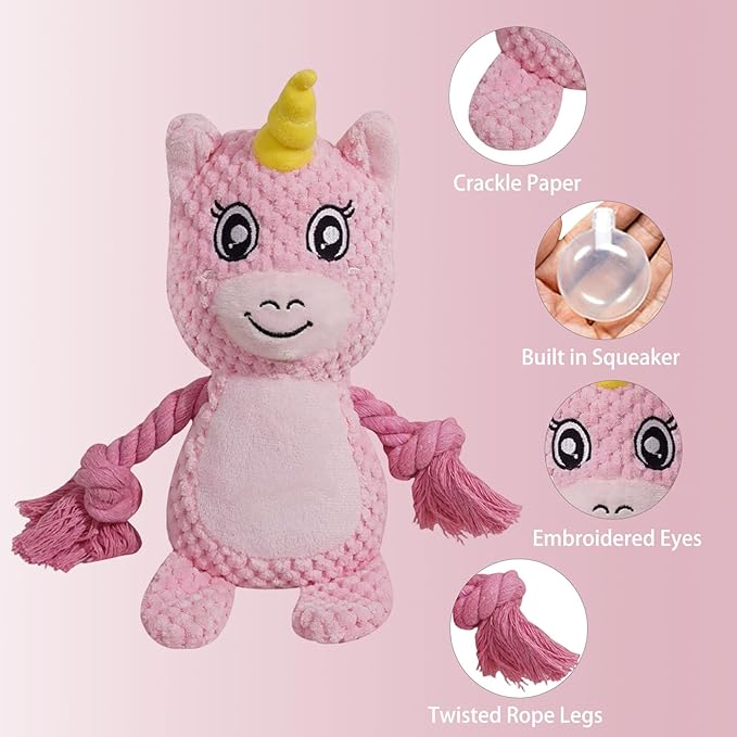 Cute Animals Interactive Squeaky Dog Toy with a Vocal Bladder, Crinkle Paper Stuffed Soft Cotton Chew Toy, Teething Rope Tug of War Pull Toy to Keep Them Busy for Puppy, Small Dogs - Pink Horse