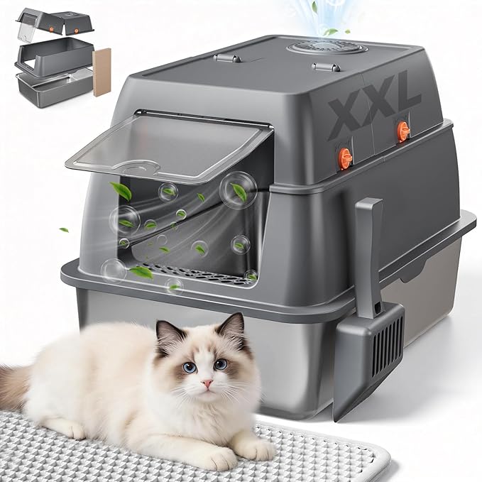 GTPLAYER XXL Stainless Steel Cat Litter Box with Lid, High Sided Enclosed Covered Litterbox, Activated Carbon Odor Control, Extra Large Metal Cat Box, Non-Stick, with Mat & Scoop, Grey