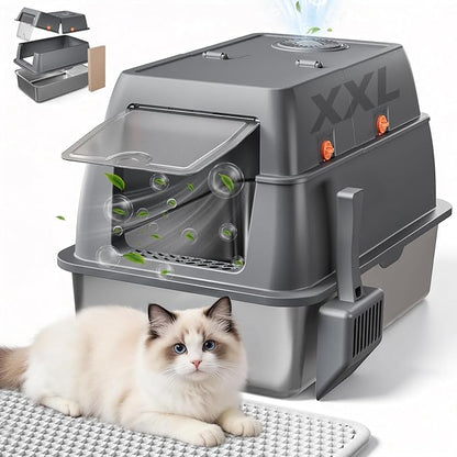GTPLAYER XXL Stainless Steel Cat Litter Box with Lid, High Sided Enclosed Covered Litterbox, Activated Carbon Odor Control, Extra Large Metal Cat Box, Non-Stick, with Mat & Scoop, Grey