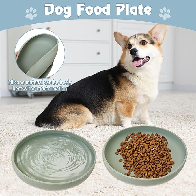 BNOSDM Silicone Dog Bowl Non-Slip Cat Food Plate 2 Pcs Flat Dog Bowls with Suction Cup Shallow Puppy Food and Water Dish for Small and Medium Pets (Gray Green)