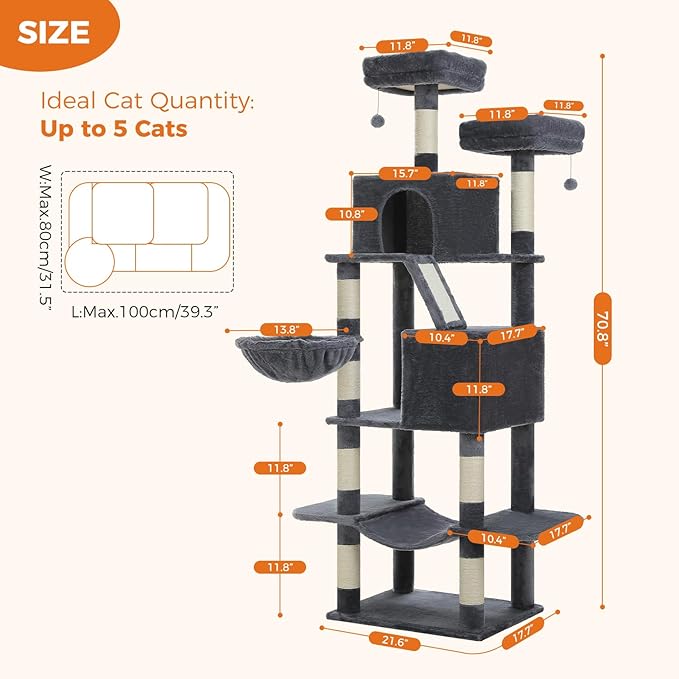 70.8" Tall Cat Tree for Large Cats, Multi-Level Cat Tower with 8 Sisal Scratching Posts, 2 Top Perches, Big Condo, Large Hammock, and Cat Furniture for Indoor Cats, Dark Gray