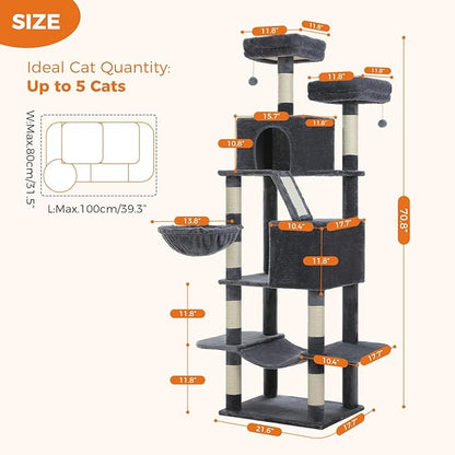 70.8" Tall Cat Tree for Large Cats, Multi-Level Cat Tower with 8 Sisal Scratching Posts, 2 Top Perches, Big Condo, Large Hammock, and Cat Furniture for Indoor Cats, Dark Gray