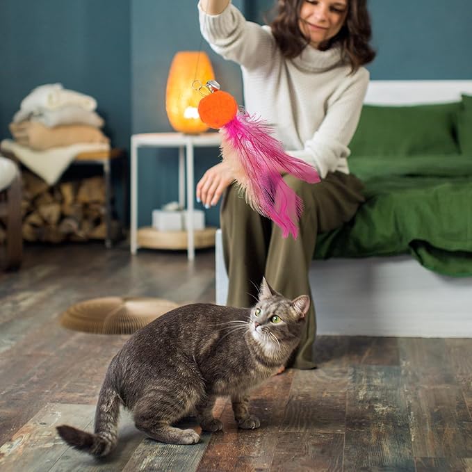 12 Pcs Cat Feather Toy Refills, Interactive Wand Attachments with Bells, Colorful Interactive Teaser Feathers Replacement for Indoor Cats & Kittens