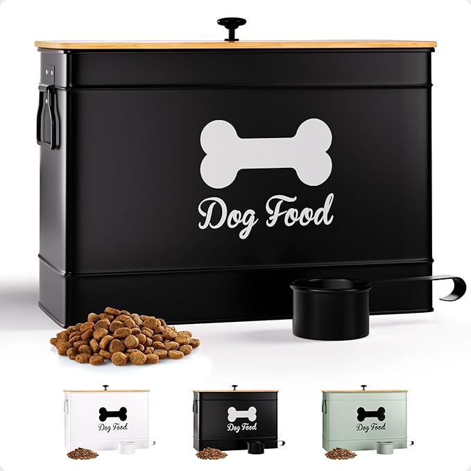 Dog Food Container Airtight 15 lb (50 Cup) Capacity with Metal Scoop - Cute Airtight Dog Food Storage Container with Bamboo Lid - Black Metal Kibble Storage Bin for Dogs up to 100 lbs - Big Pet Jar