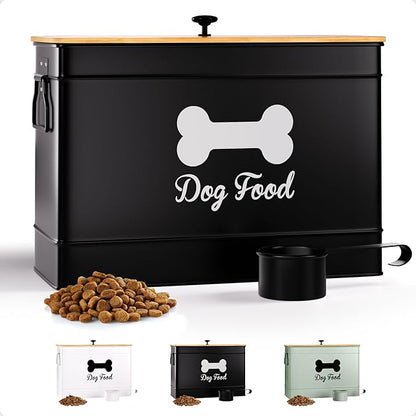 Dog Food Container Airtight 15 lb (50 Cup) Capacity with Metal Scoop - Cute Airtight Dog Food Storage Container with Bamboo Lid - Black Metal Kibble Storage Bin for Dogs up to 100 lbs - Big Pet Jar