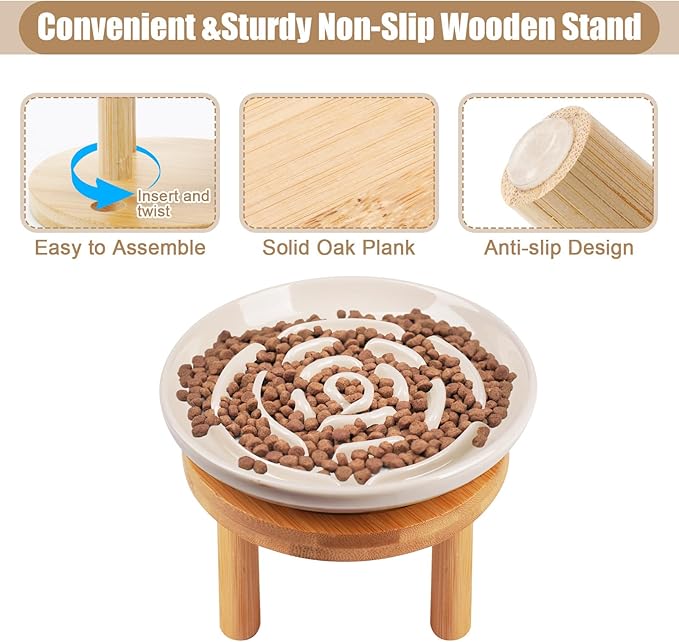 Elevated Slow Feeder Cat Bowls, Ceramic Cat Slow Feeder Bowl with Bamboo Stand, 5.9 Inch Wide Shallow Cats Bowl Whisker Friendly, Anti Vomiting Puzzle Feeder for Dry or Wet Food Dishwasher Safe