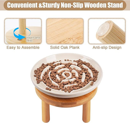 Elevated Slow Feeder Cat Bowls, Ceramic Cat Slow Feeder Bowl with Bamboo Stand, 5.9 Inch Wide Shallow Cats Bowl Whisker Friendly, Anti Vomiting Puzzle Feeder for Dry or Wet Food Dishwasher Safe