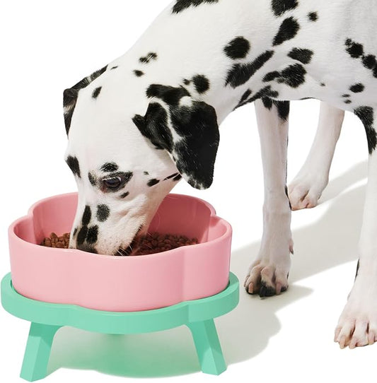 VETRESKA Elevated Dog Bowls Large Breed, 40OZ Ceramic Raised Dog Bowl with Bamboo Stand, Flower-Shaped Food Water Bowl Feeding Dish Bowls for Medium/Large Dogs and Cats