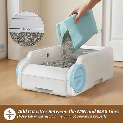 Self Cleaning Cat Litter Box, Open-Top Automatic Litter Box for Multiple Cats with App Control, Safety Protection, Ultra-Quiet, Odor Control Includes 2 Roll Garbage Bags and 1 Litter Mat, White & Blue