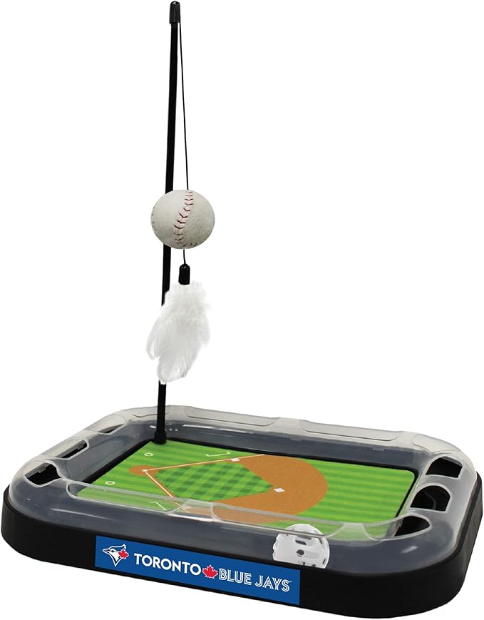 Cat Scratching Toy MLB Toronto Blue Jays Baseball Field Cat Scratcher Toy with Interactive Cat Ball Bell in Tracks. 5-in-1 CAT Toy: Cat Wand Poll with Catnip Filled Plush Baseball & Feathers.