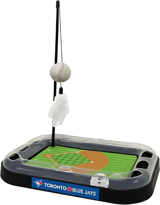Cat Scratching Toy MLB Toronto Blue Jays Baseball Field Cat Scratcher Toy with Interactive Cat Ball Bell in Tracks. 5-in-1 CAT Toy: Cat Wand Poll with Catnip Filled Plush Baseball & Feathers.