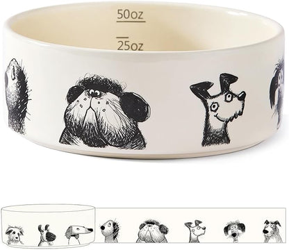 Ceramic Dog Bowl with Non-Slip Ring - 6.5 Cups, Heavy-Duty Stoneware Bowl, Pet Feeding, Microwave and Dishwasher Safe-Derpy-L (Single Bowl)