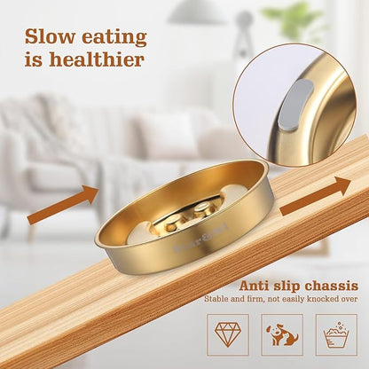 Golden Stainless Steel Slow Feeder Dog Bowls – Non-Slip Metal Dog Bowl for Large & Medium Breeds, Puppy Puzzle Feeder – 2 Cup Capacity for Small to Big Pets – Durable Slow Feed Dog & Cat Food Dish
