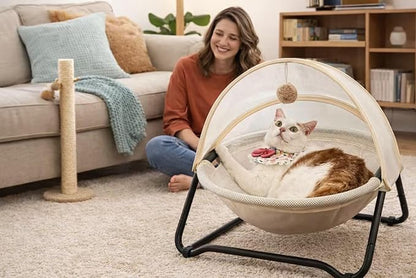 Cat Bed, Pet Hammock Bed for Cats and Dogs, Comfortable and Breathable Elevated Cat & Dog Nest, Easy to Assemble, Cover Removable and Washable, Suitable for Indoor and Outdoor Use (Cream)