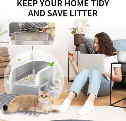 Prodigen Stainless Steel Cat Litter Box with Lid High Wall Sides Enclosure, Non-Sticky, Anti-Leakage, Easy Cleaning, with Cat Mat & Metal Scoop, 19.6" L x 14" W x 12" H