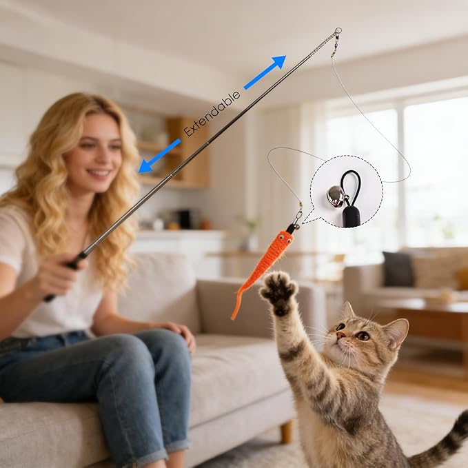 whitefeather Cat Wand Toy – Ultra-Light 33g Retractable Teaser (9–31.5") with 6 Natural Feather Heads, 2 Replacement Strings & Clip-On Pouch – Safe, Washable & Perfect for On-The-Go Play