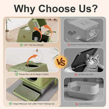 Stainless Steel Litter Box with Lid, XL Extra Large Litter Box, Enclosed Top Entry Metal Litterbox for Big Cat, Easy Cleaning, Anti-Leakage & High Sided with Mat, Aisle & Scoop, Green