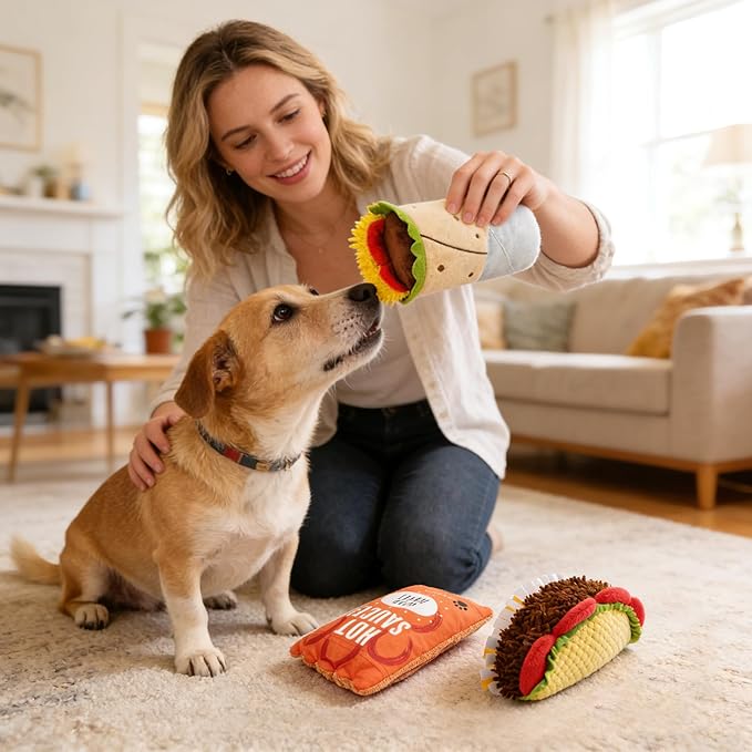 Prime Pets Plush Dog Toys Set, 3 Pack, Crinkle Squeaky Dog Toys, Food Shaped Pet Toy for Small Medium Large Dogs, Stuffed Puppy Chew Toy