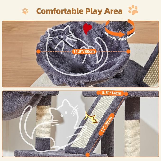 Taoqimiao Cat Tree,38.5-Inch Cat Tower for Indoor Cats,Suitable for Kittens with Luxurious cat condo with Adjustable Baskets and Luxurious Perch MS029SG Smoky Gray