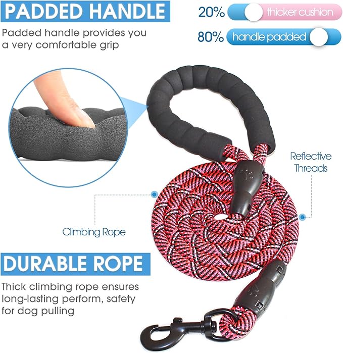 BAAPET 2/4/5/6 FT Dog Leash with Comfortable Padded Handle and Highly Reflective Threads for Small Medium and Large Dogs (5FT-1/2'', Black Pink)