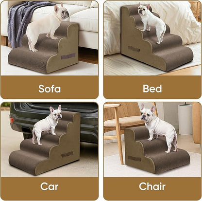 PAWSCART Pet Stairs for Dogs 3-Step, 15.7" H Pet Stairs for High Bed, Couch Sofa & Chair, 30D Material Soft Foam Dog Steps with Non-Slip Bottom Surface Removable Washable Cover, Brown