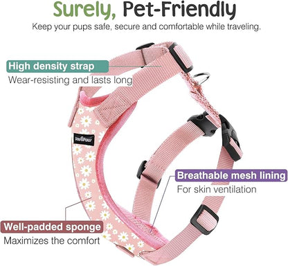VavoPaw Dog Seat Belt, Safety Vest Dog Car Harness with Adjustable Buckle Dog Seat Belt for Vehicle Nylon Pet Safety Seat Belts Heavy Duty(M, Pink Daisy)