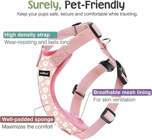 VavoPaw Dog Seat Belt, Safety Vest Dog Car Harness with Adjustable Buckle Dog Seat Belt for Vehicle Nylon Pet Safety Seat Belts Heavy Duty(L, Pink Daisy)