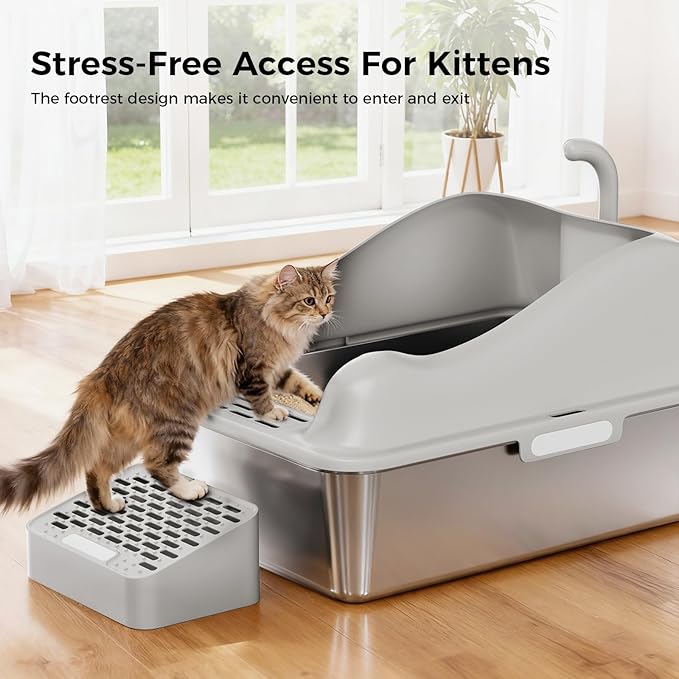GTPLAYER Stainless Steel Litter Box for Big & Multiple Cats, EasyClean Odor-Resistant Design, High Sided Leak-Proof Litter Box withMat 8 Scoop- Grey 2 Pack