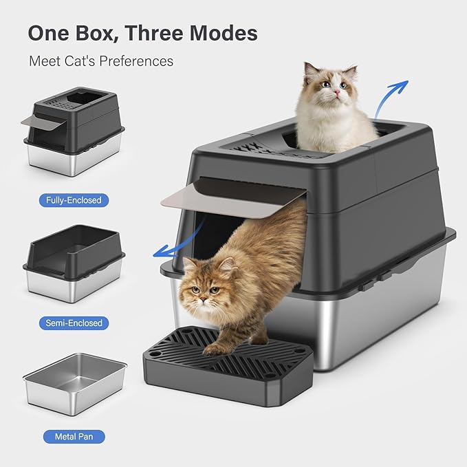 Stainless Steel Litter Box with Lid, XL Extra Large Enclosed Cat Litter Box Fits All Cats Modular Design with Flip Cover, Top Entry Metal High Sided Cat Box & Pedal & Scoop (Black)