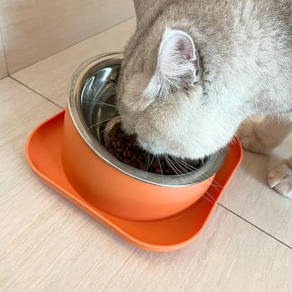 Elevated Cat Food Bowl, Tilted Feeding Stand, Whisker Friendly, Slanted Flat Plastic Feeder, Orange