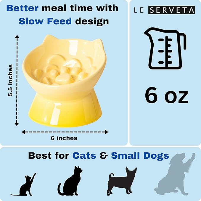 Macarons Series Ceramic Slow Feeder Cat Bowl, Raised Puzzle Feeder, Anti Vomiting Cat Slow Feeding, Elevated Food Bowl, Whisker Friendly Pet Bowl with Cute Ear Design (Gradient Yellow)