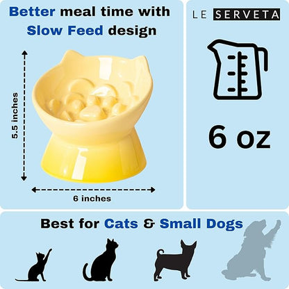 Macarons Series Ceramic Slow Feeder Cat Bowl, Raised Puzzle Feeder, Anti Vomiting Cat Slow Feeding, Elevated Food Bowl, Whisker Friendly Pet Bowl with Cute Ear Design (Gradient Yellow)
