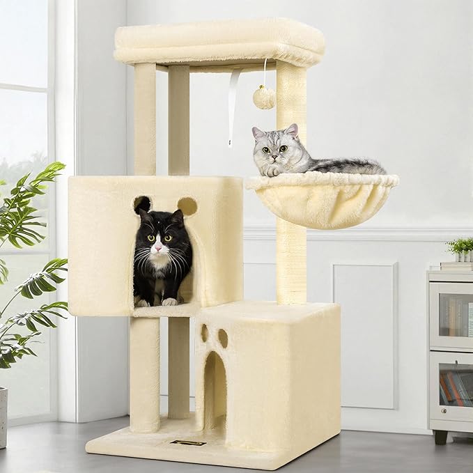 Small Cat Tree Tower for Indoor Cats, 40 in Medium Multi-Level Compact Cat House Bed with 2 Condos, Large Platform Perch, Sisal Scratching Post, Hammock, Cat Climbing Stand for Kitty Kitten(Beige)