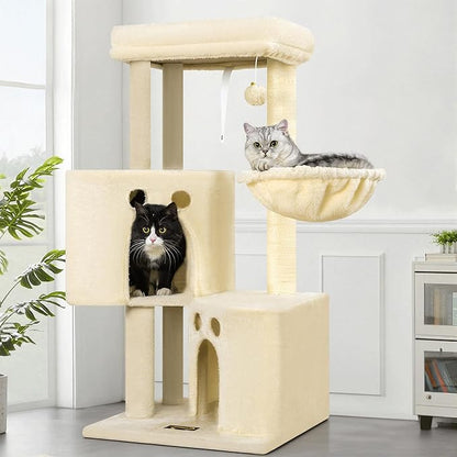 Small Cat Tree Tower for Indoor Cats, 40 in Medium Multi-Level Compact Cat House Bed with 2 Condos, Large Platform Perch, Sisal Scratching Post, Hammock, Cat Climbing Stand for Kitty Kitten(Beige)
