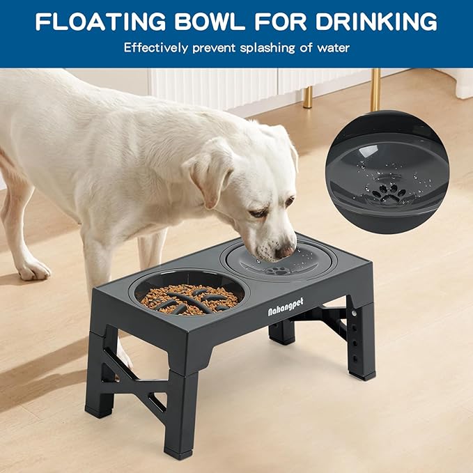 3-in-1 Elevated Slow Feeder Dog Bowls for Food and Water, 5 Heights Adjustable Raised Dog Bowls, Non-Slip, No Spill, for Small Medium Large Dogs and Cats(Grey)