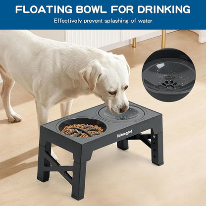 3-in-1 Elevated Slow Feeder Dog Bowls for Food and Water, 5 Heights Adjustable Raised Dog Bowls, Non-Slip, No Spill, for Small Medium Large Dogs and Cats(Grey)