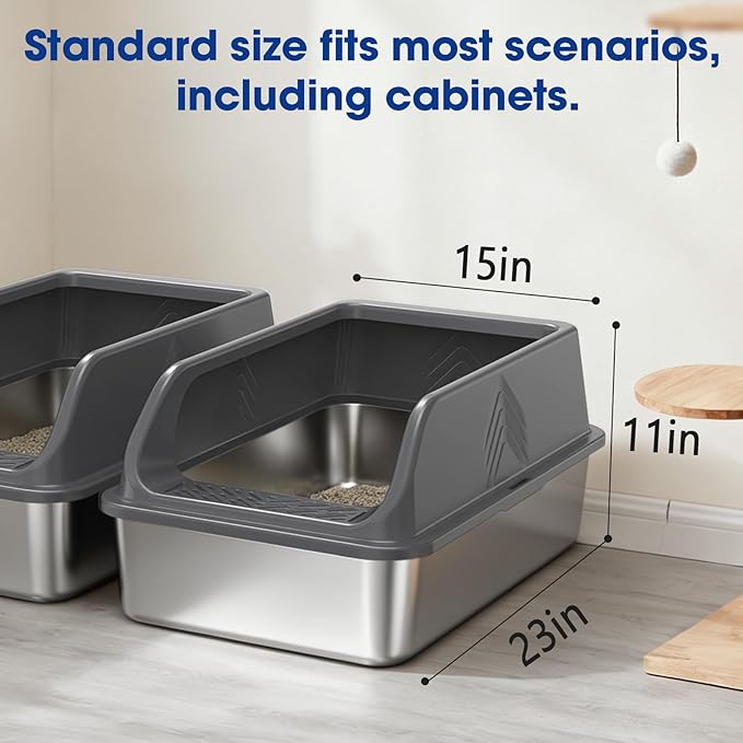 2 Pack Stainless Steel Litter Box with Lid, XL Metal Cat Litter Boxes High Sided Enclosed for Big Cat and Multiple Cats, Anti-Urine Leakage | Non-Stick Bottom & Includes Scoop