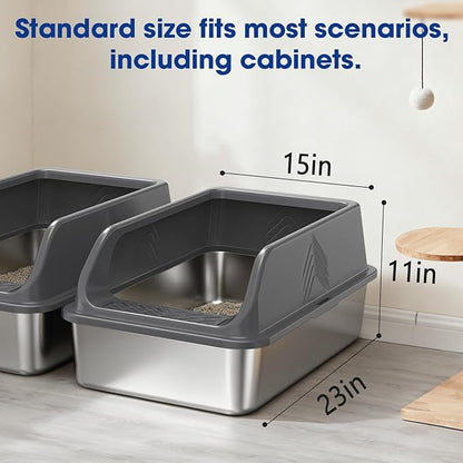 2 Pack Stainless Steel Litter Box with Lid, XL Metal Cat Litter Boxes High Sided Enclosed for Big Cat and Multiple Cats, Anti-Urine Leakage | Non-Stick Bottom & Includes Scoop
