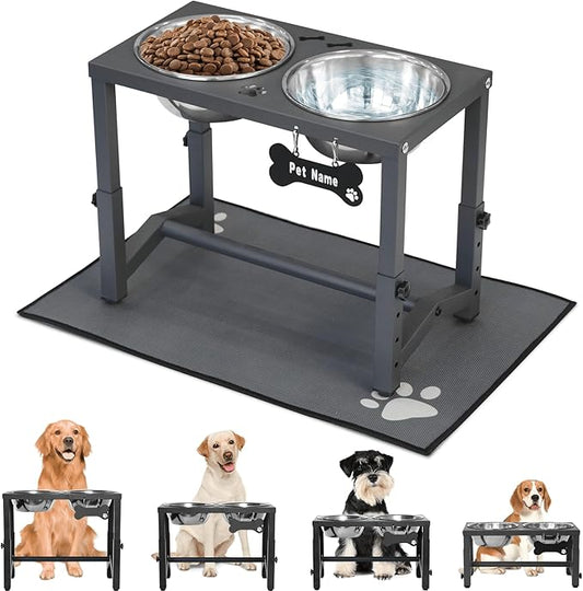 Elevated Dog Bowls, 4 Height Adjustable Metal Raised Bowl Stand with 2 Thick Stainless Steel Food Bowls & Spill-Proof Mat, Adjusts to 13.6'', 12.2'', 10.9'', 9.5'' for Large/Medium Breeds