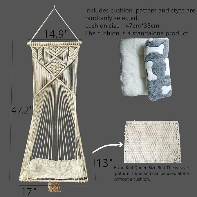 Macrame Hanging Cat Hammock Bed Cat Swing House Space Saving Window Perch with Washed Cotton Cats Toy Tassel Basket Tapestry (Beige, Swing Bed+Cushion)