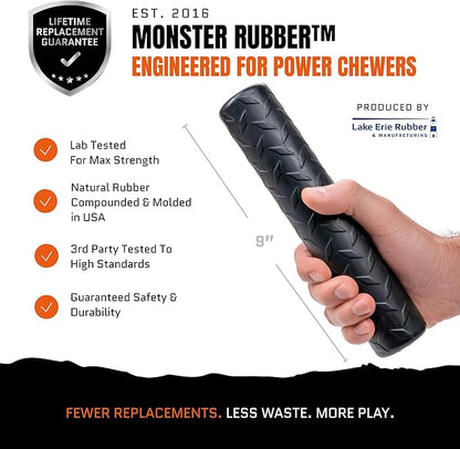 Monster K9 Virtually Indestructible Stick Dog Toy - Lifetime Replacement - Durable for Aggressive Chewers - Safe Non-Toxic Natural Rubber - Chew Tug Fetch - Tough Heavy Duty -, USA Made, 9" x 2"