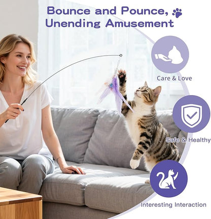 Pawaboo Feather Teaser Cat Toy, Interactive Feather Wand Cats Toy Flying Feathers Cat Catcher with Extra Long 34.5" Wand and Small Bell, Exerciser Playing Toys for Kitten or Cats, Purple