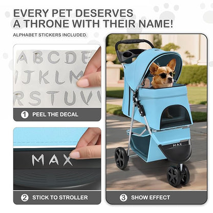 MoNiBloom 3 Wheels Pet Dog Cat Stroller for Small Medium Dogs Cats, Lightweight Foldable Jogger Stroller w/Storage Basket and Cup Holder, Mint Green