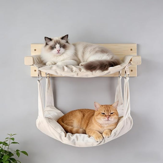 Wall Mounted Cat Double Hammock & 3 Steps, Pine Climbing Shelf & Perch Set, Multi-Function Wall-Mounted Cat Furniture for Sleep Play Climb, Easy DIY Installation