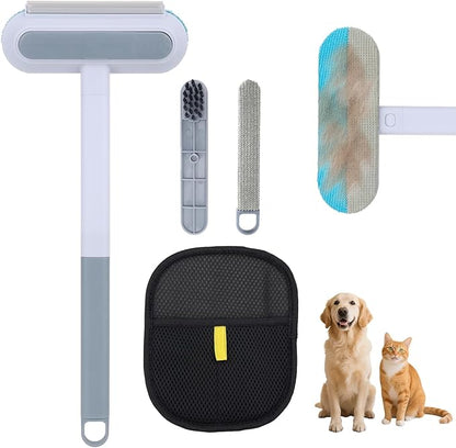 Pet Hair Remover, 4 in 1 Multifunctional Pet Remover Mitt Tool Reusable Long Handle Dog Hair Grooming Brush Magic Cat Fur Removal Glove Scraper Suitable for Couch Carpet Furniture